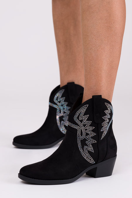 Black Rhinestone Detail Western Booties