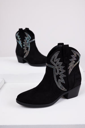 Black Rhinestone Detail Western Booties