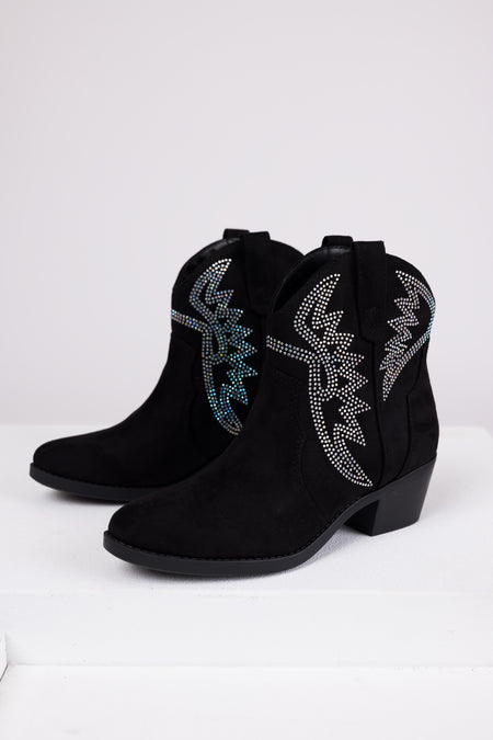 Black Rhinestone Detail Western Booties