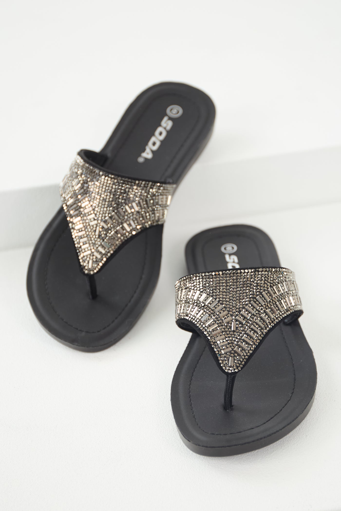 Black Rhinestone Flat Slip On Sandals