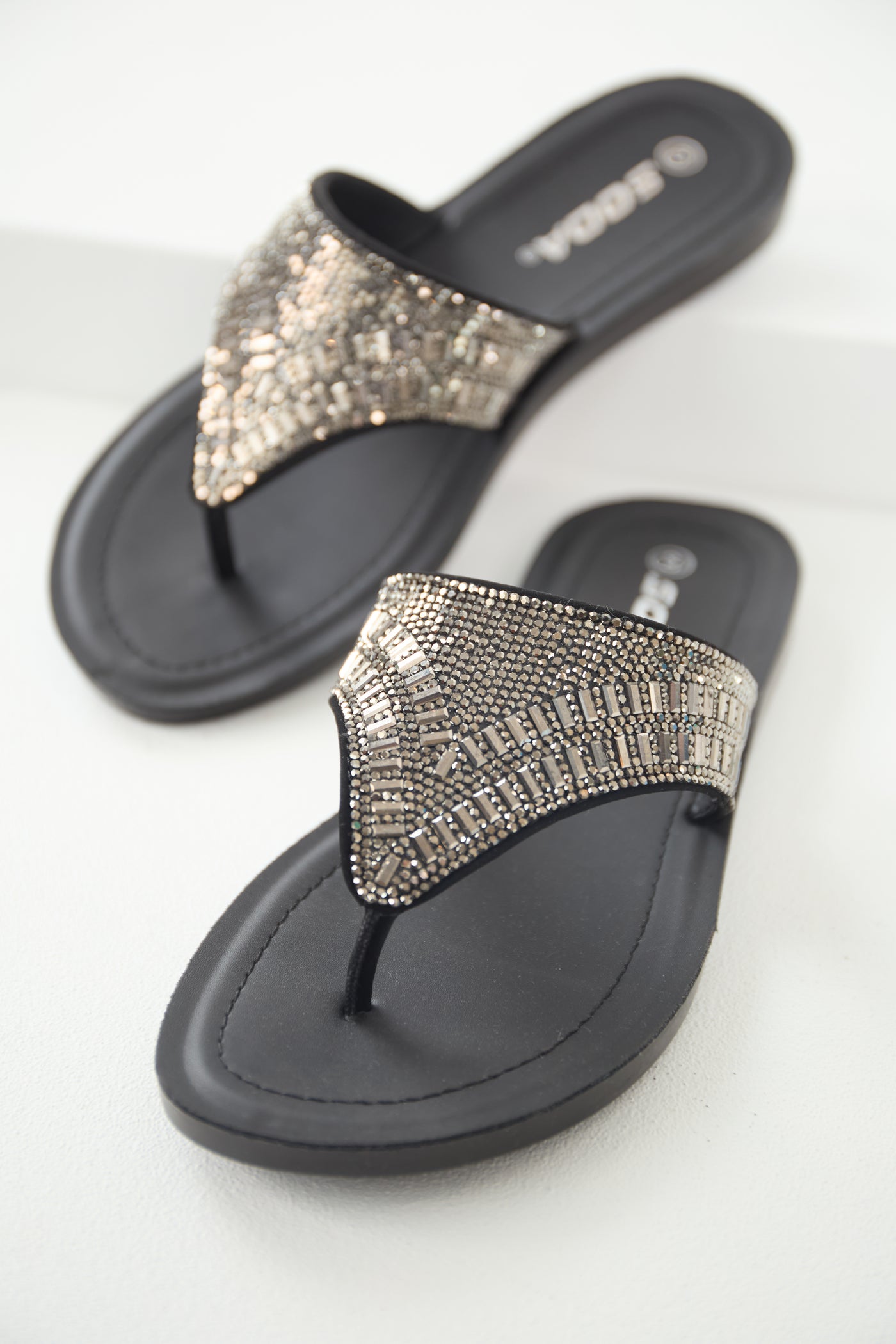 Black Rhinestone Flat Slip On Sandals