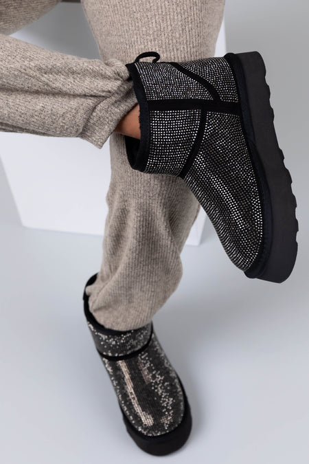 Black Rhinestone Fleece Lined Platform Booties