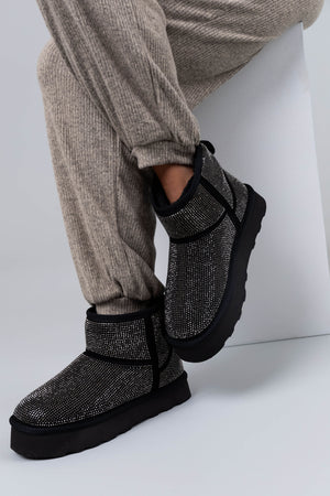 Black Rhinestone Fleece Lined Platform Booties