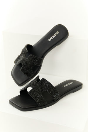 Black Rhinestone Open Toed Slip On Sandals