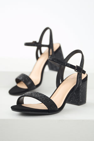 Black Rhinestone Strap Block Heel Sandals