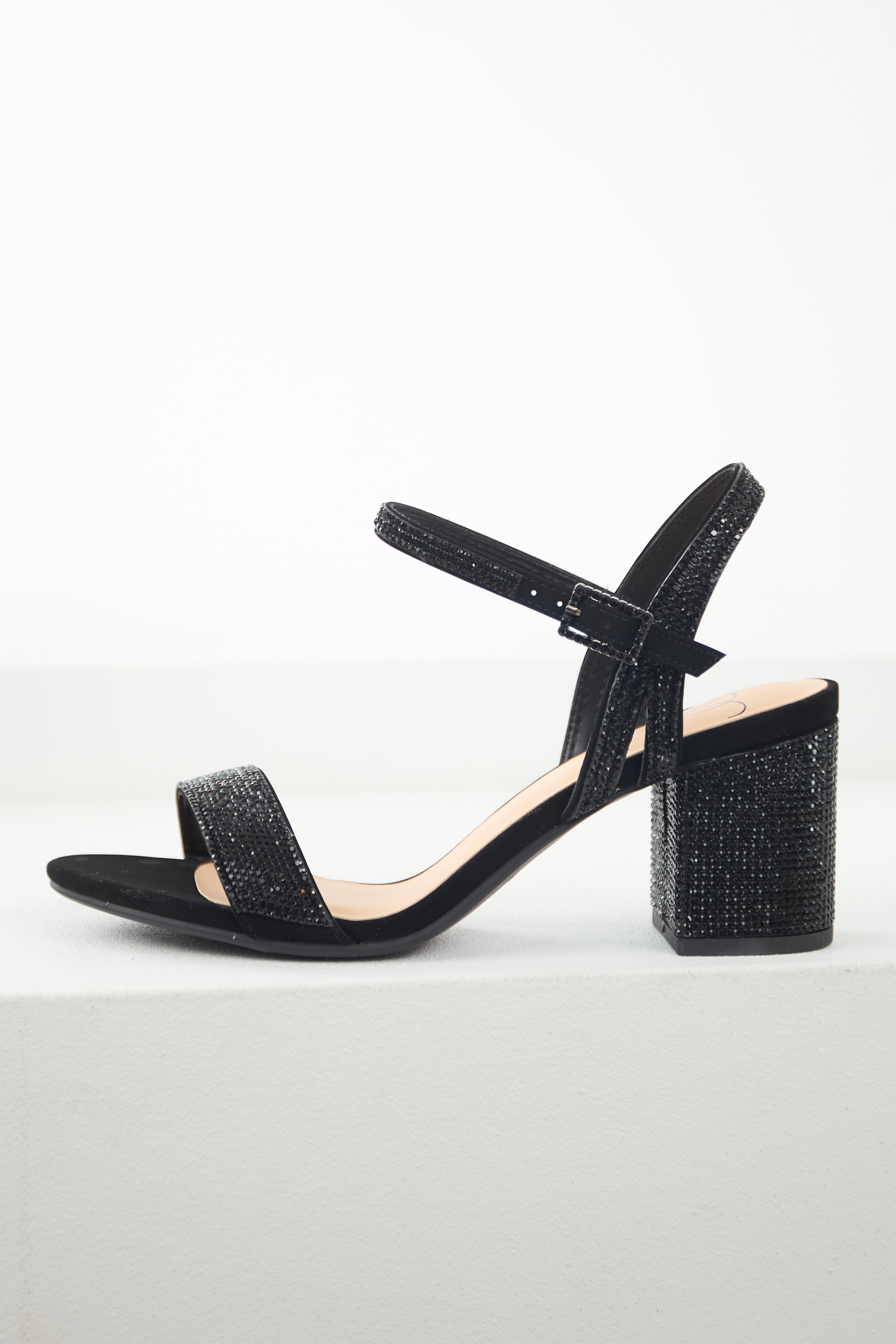 Black Rhinestone Strap Block Heel Sandals