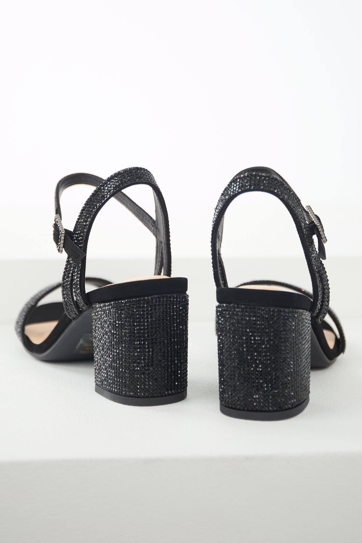 Black Rhinestone Strap Block Heel Sandals