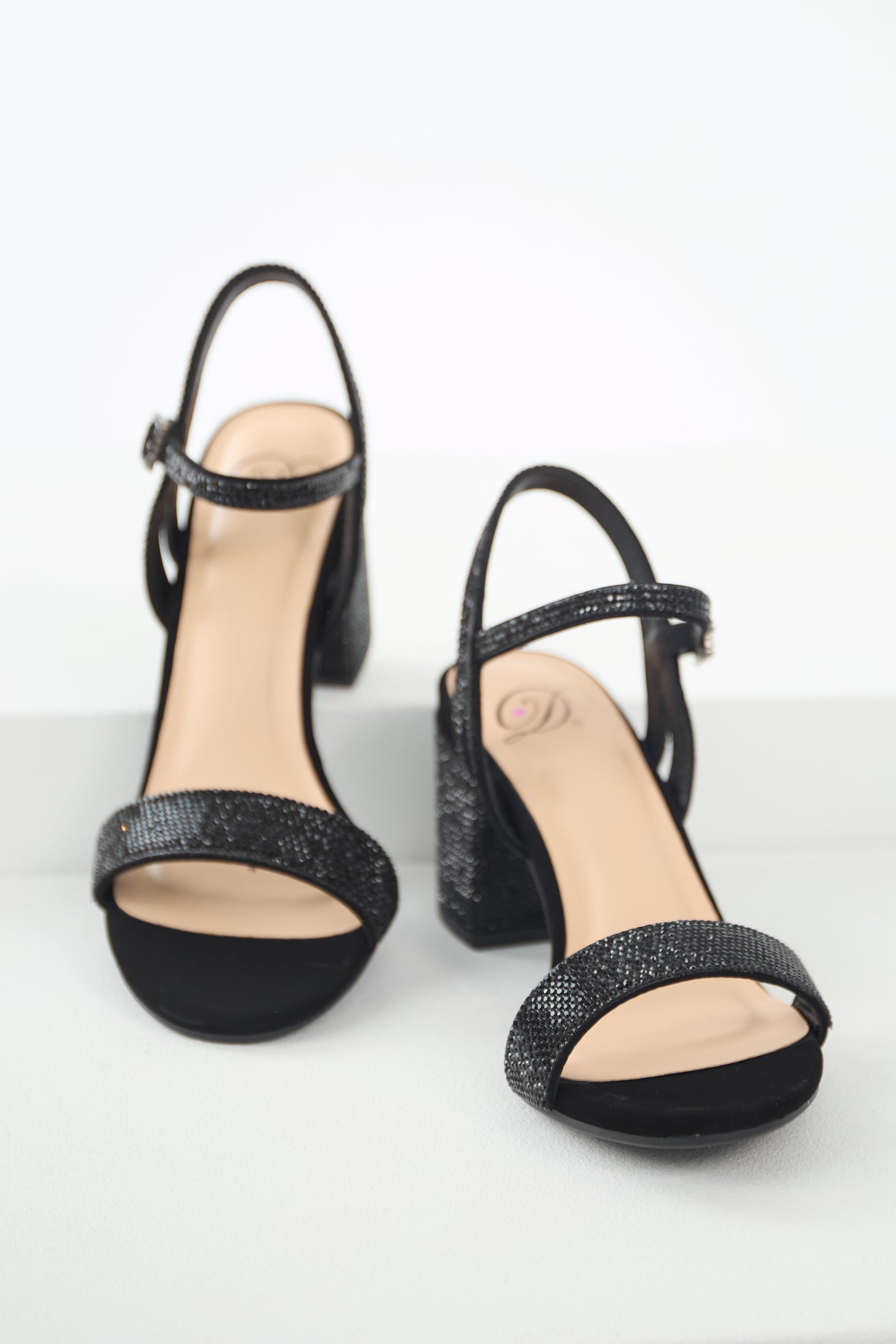 Black Rhinestone Strap Block Heel Sandals