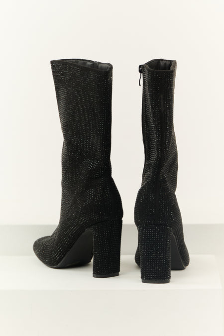 Black Rhinestone Zip Up Heeled Boots