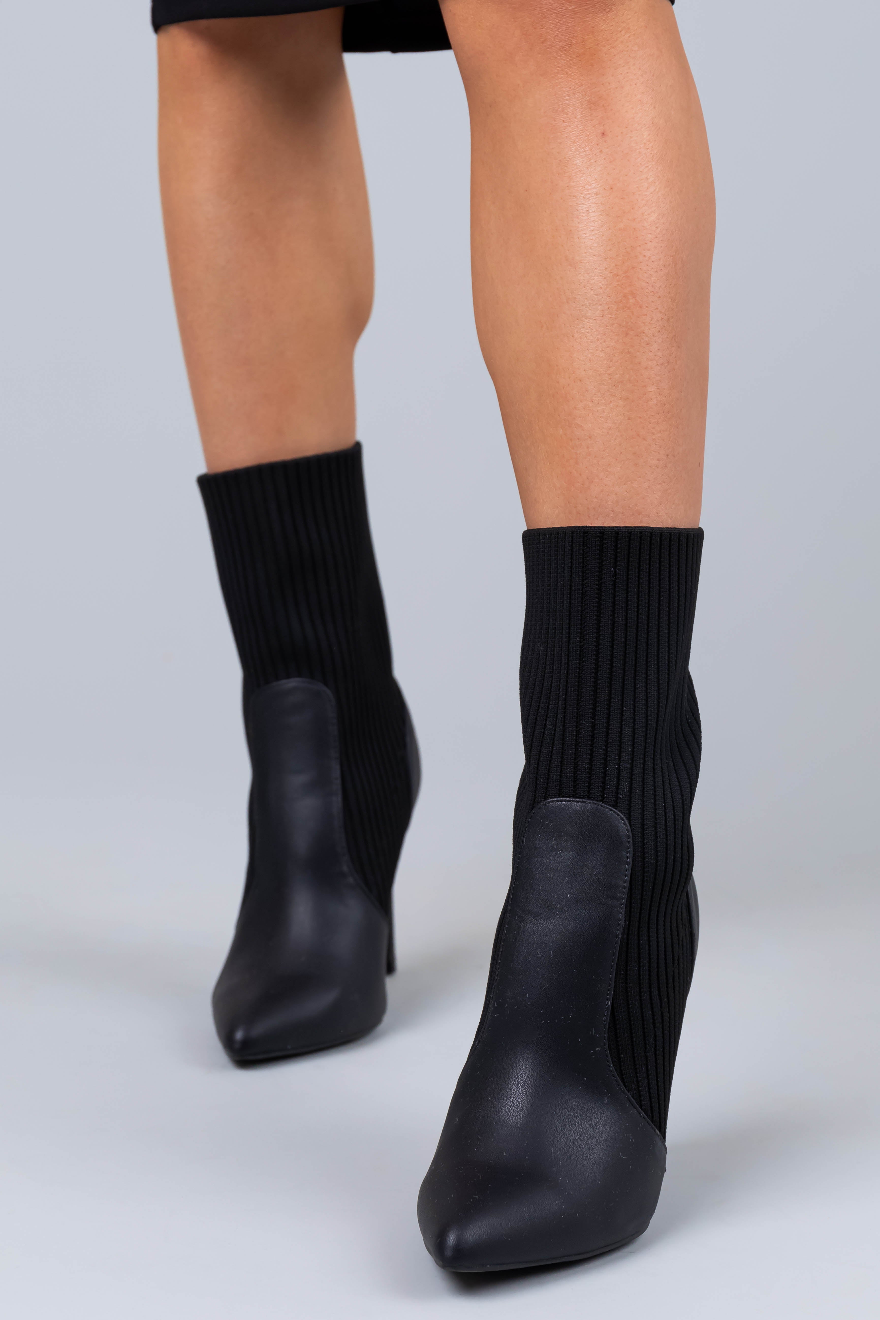 Black Ribbed Knit Pointed Toe High Heel Booties