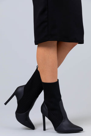 Black Ribbed Knit Pointed Toe High Heel Booties