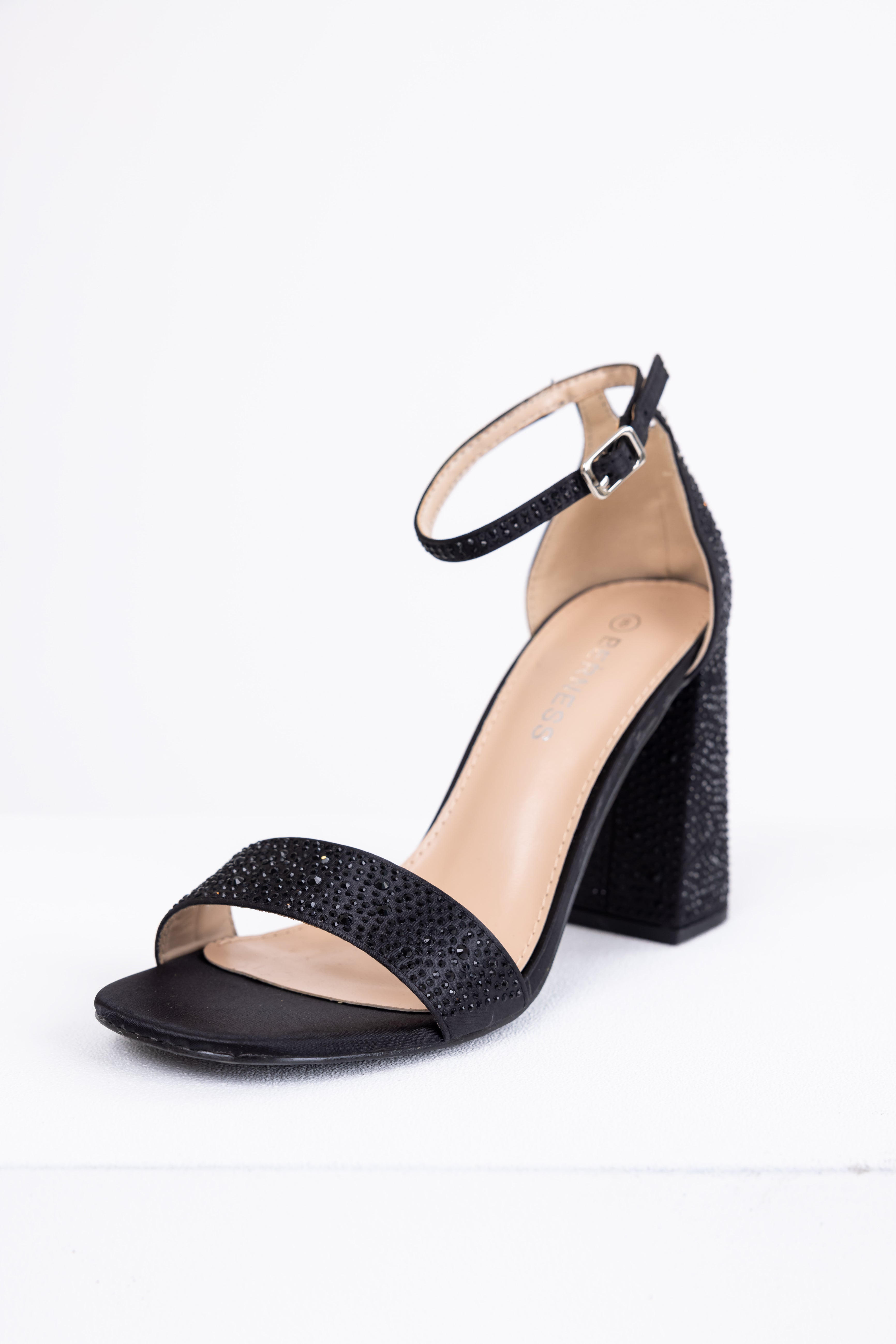 Black Sequined Satin Block Heels