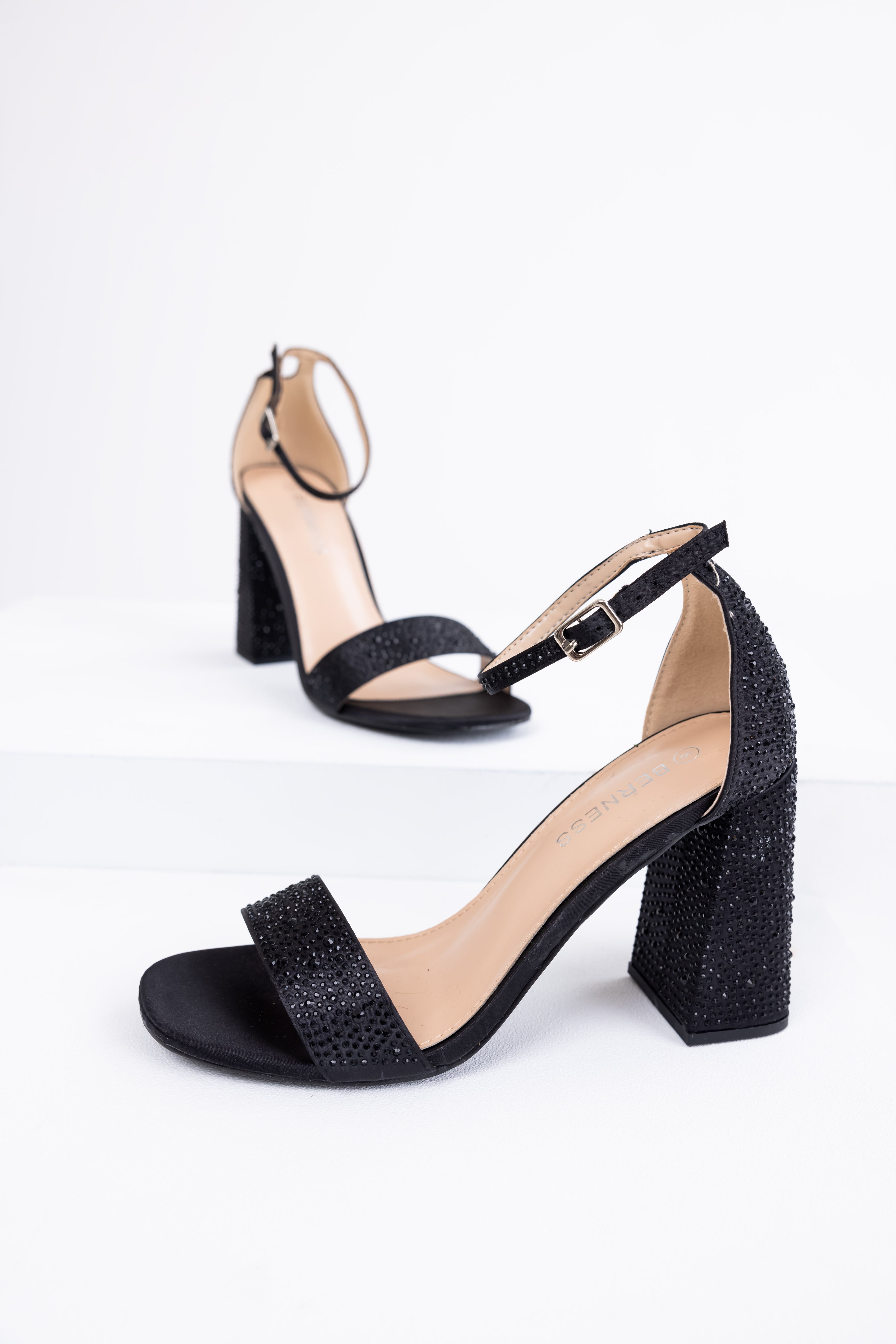 Black Sequined Satin Block Heels