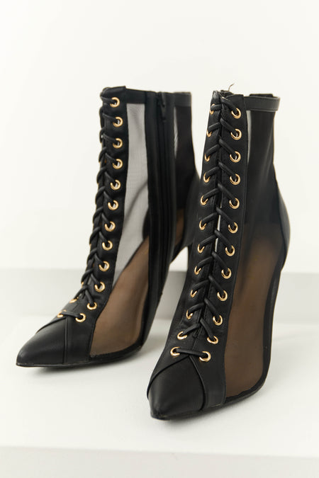 Black Sheer Mesh Lace Up Stiletto Booties