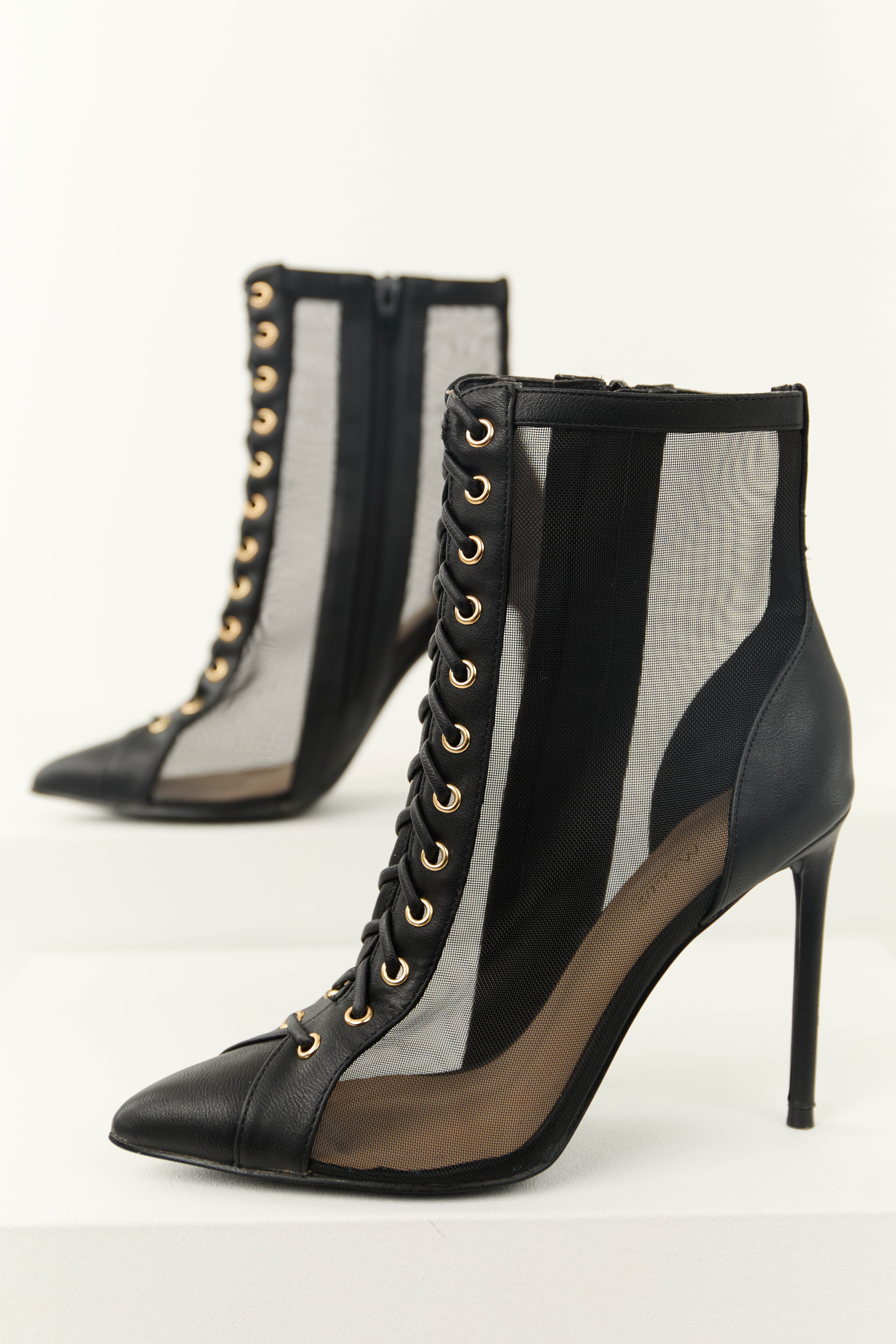 Black Sheer Mesh Lace Up Stiletto Booties