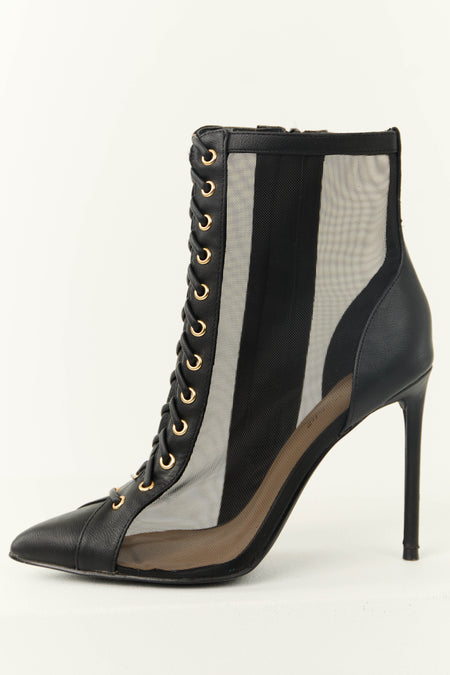 Black Sheer Mesh Lace Up Stiletto Booties