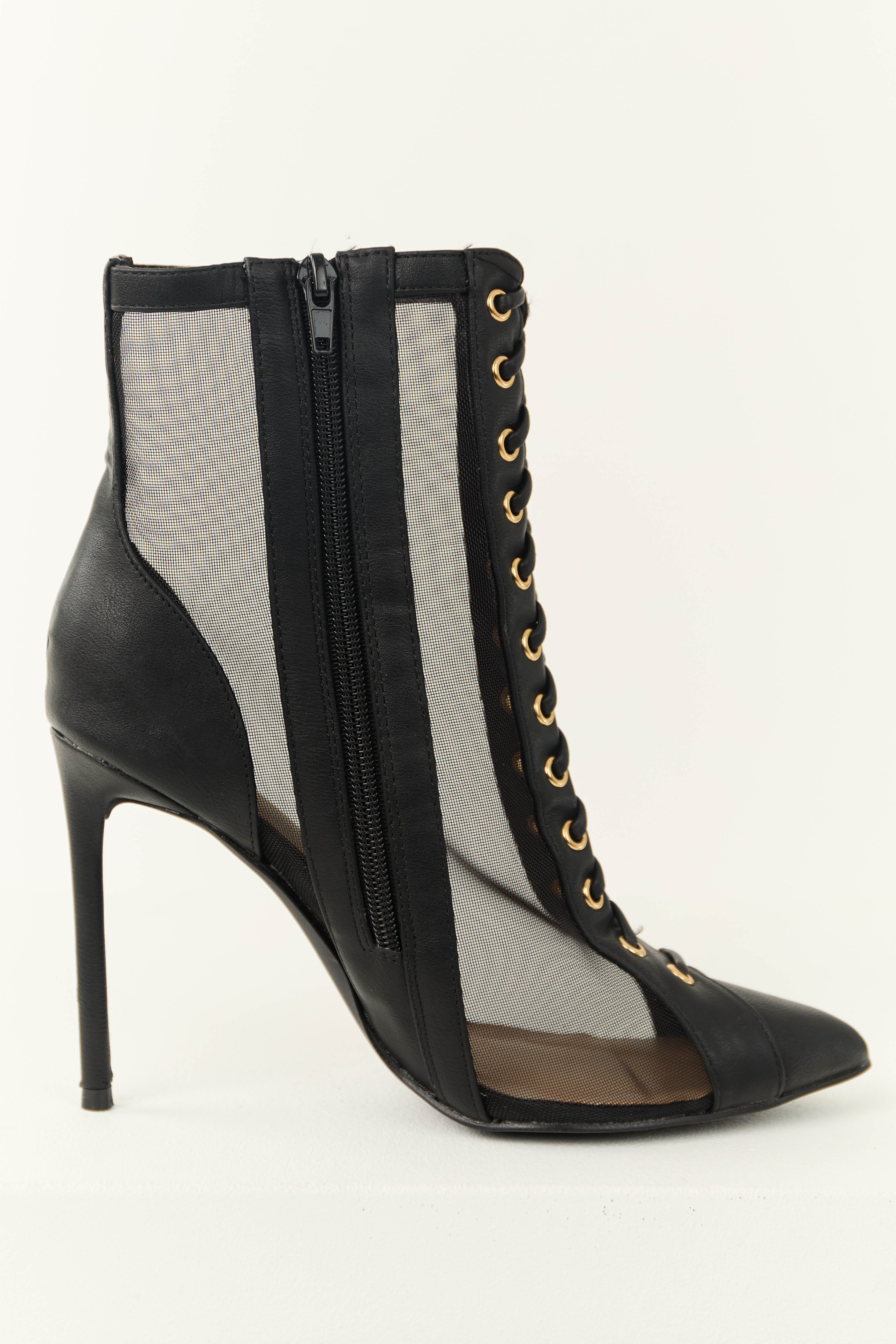 Black Sheer Mesh Lace Up Stiletto Booties