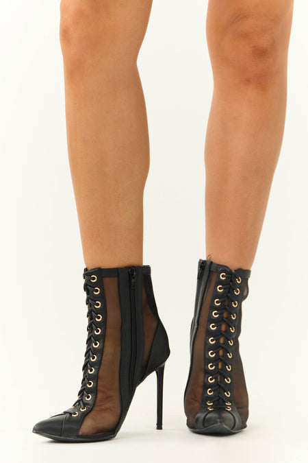 Black Sheer Mesh Lace Up Stiletto Booties