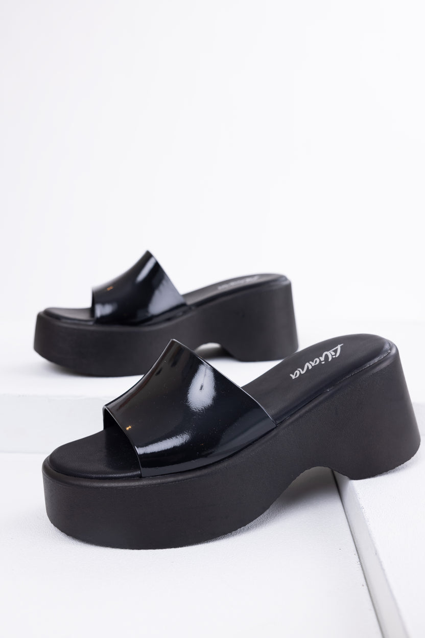 Black Single Band Platform Wedge Sandals