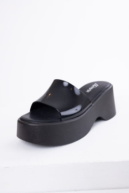 Black Single Band Platform Wedge Sandals