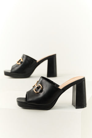 Black Slip On Gold Buckle Strap Block Heels