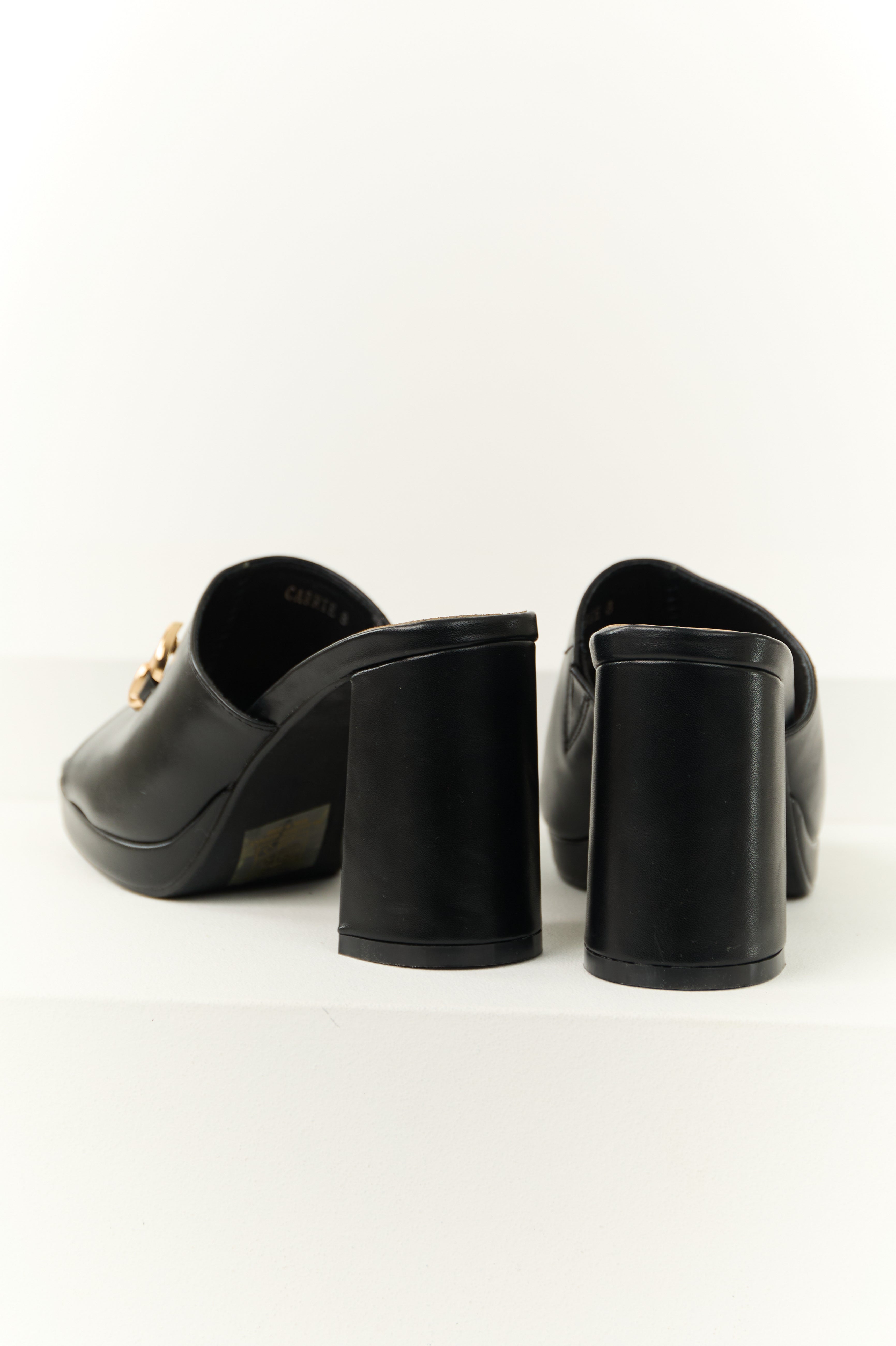 Black Slip On Gold Buckle Strap Block Heels