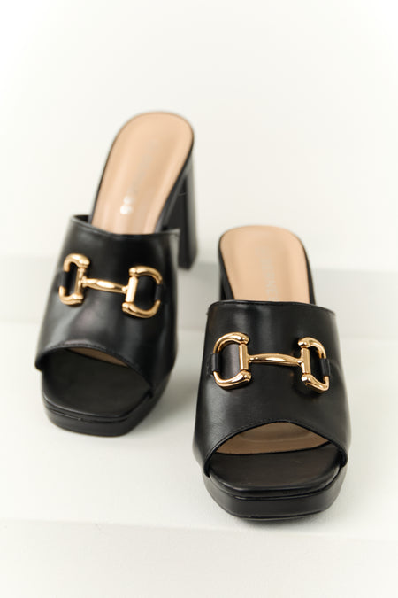 Black Slip On Gold Buckle Strap Block Heels