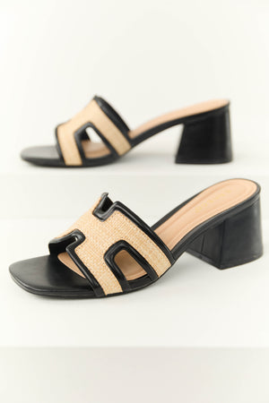 Black Slip On Raffia Cut Out Strap Block Heels