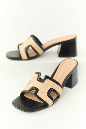 Black Slip On Raffia Cut Out Strap Block Heels