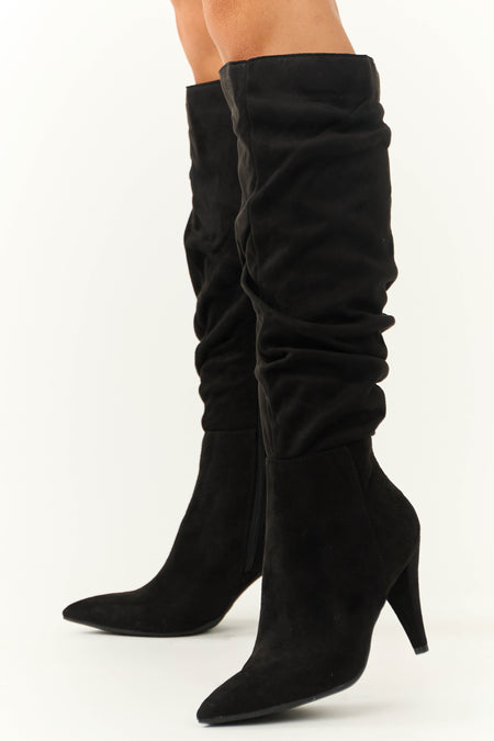 Black Slouchy Side Zip Up Pointed Heel Boots