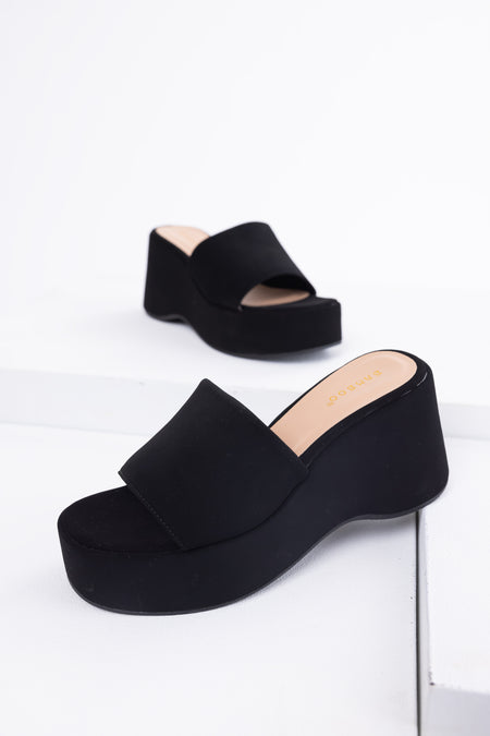 Black Soft Suede Platform Wedge Sandals