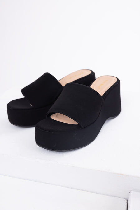 Black Soft Suede Platform Wedge Sandals