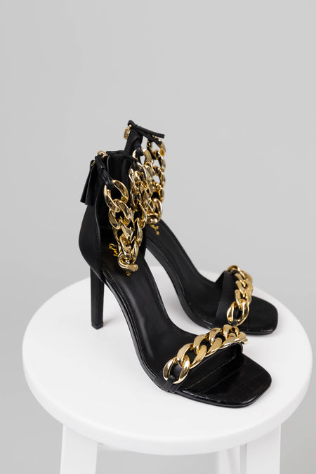 Black Square Toe Chain Strap High Heels