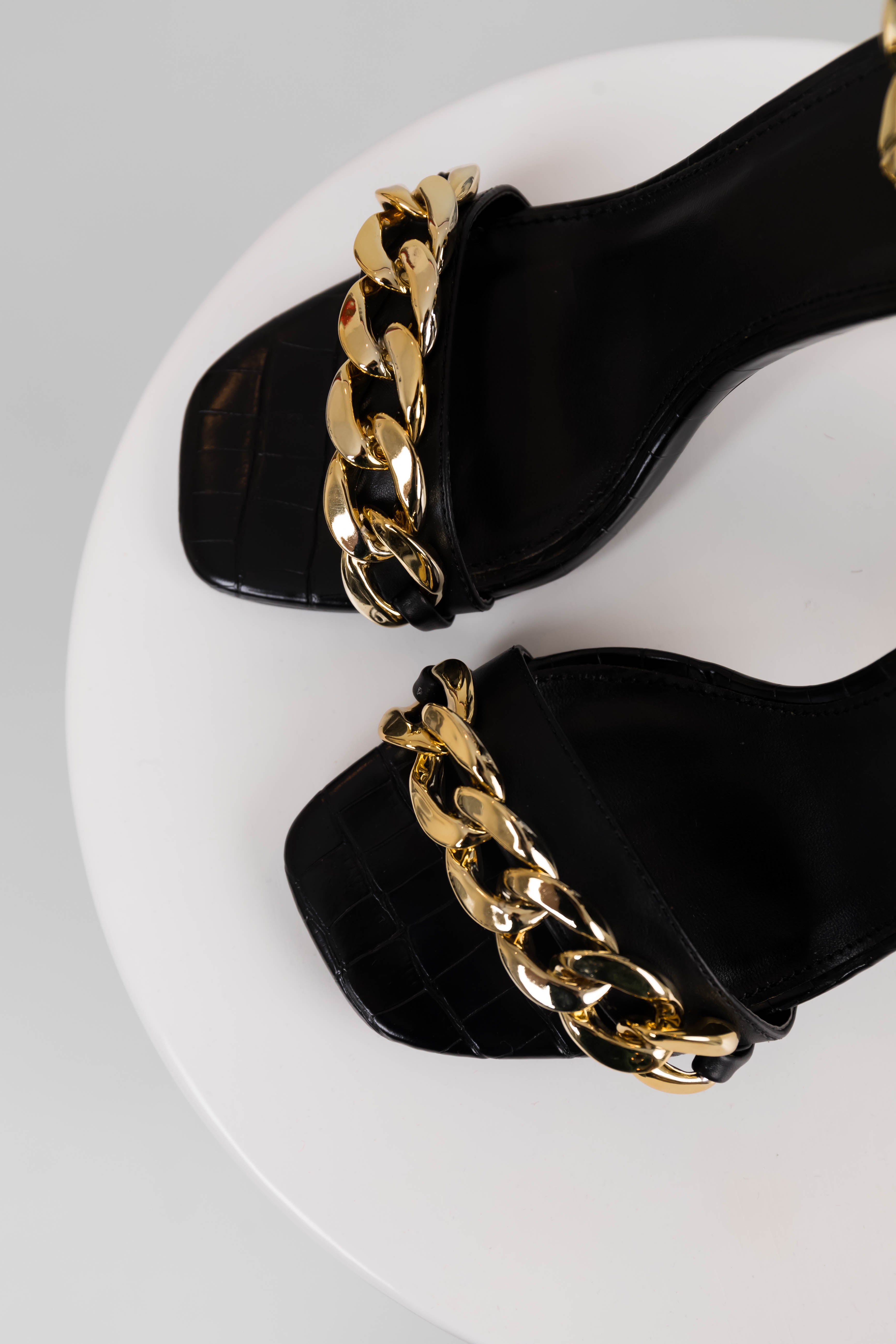 Black Square Toe Chain Strap High Heels