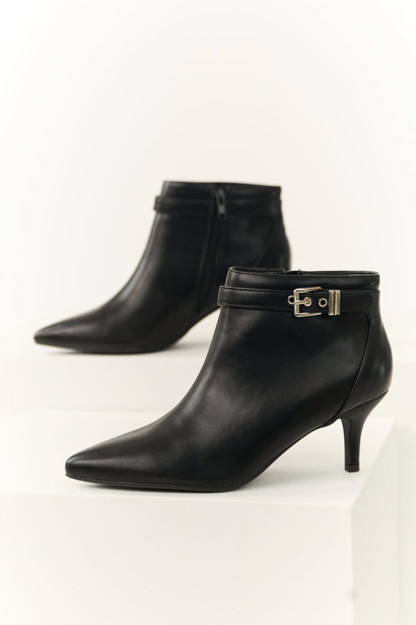 Black Stiletto Ankle Booties with Silver Buckle