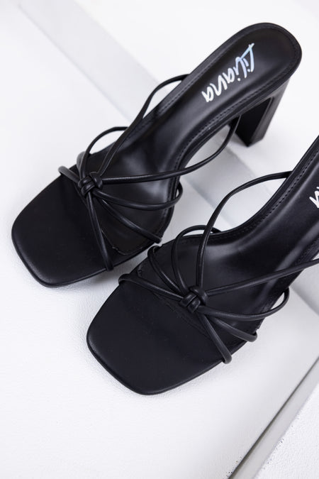 Black Strappy Knot Slip On Dress Heels