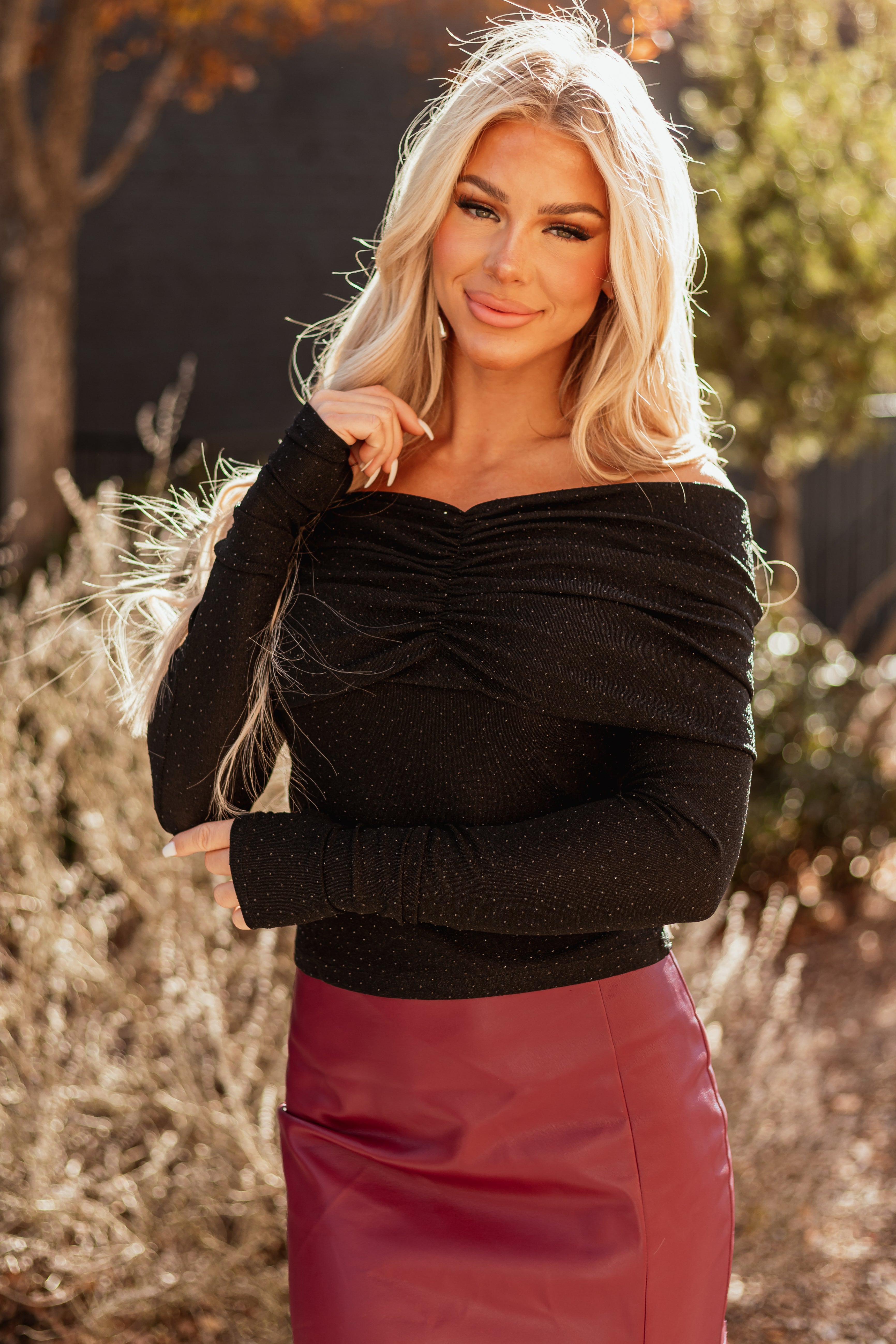 Black Studded Metallic Off Shoulder Top