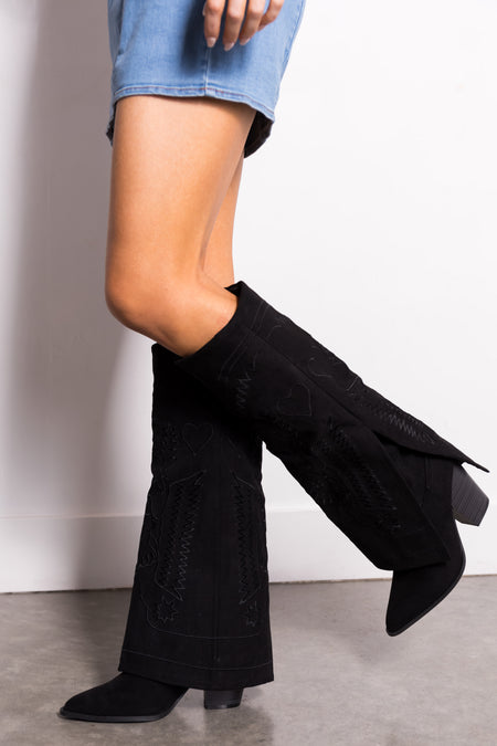 Black Suede Knee High Overlay Western Boots