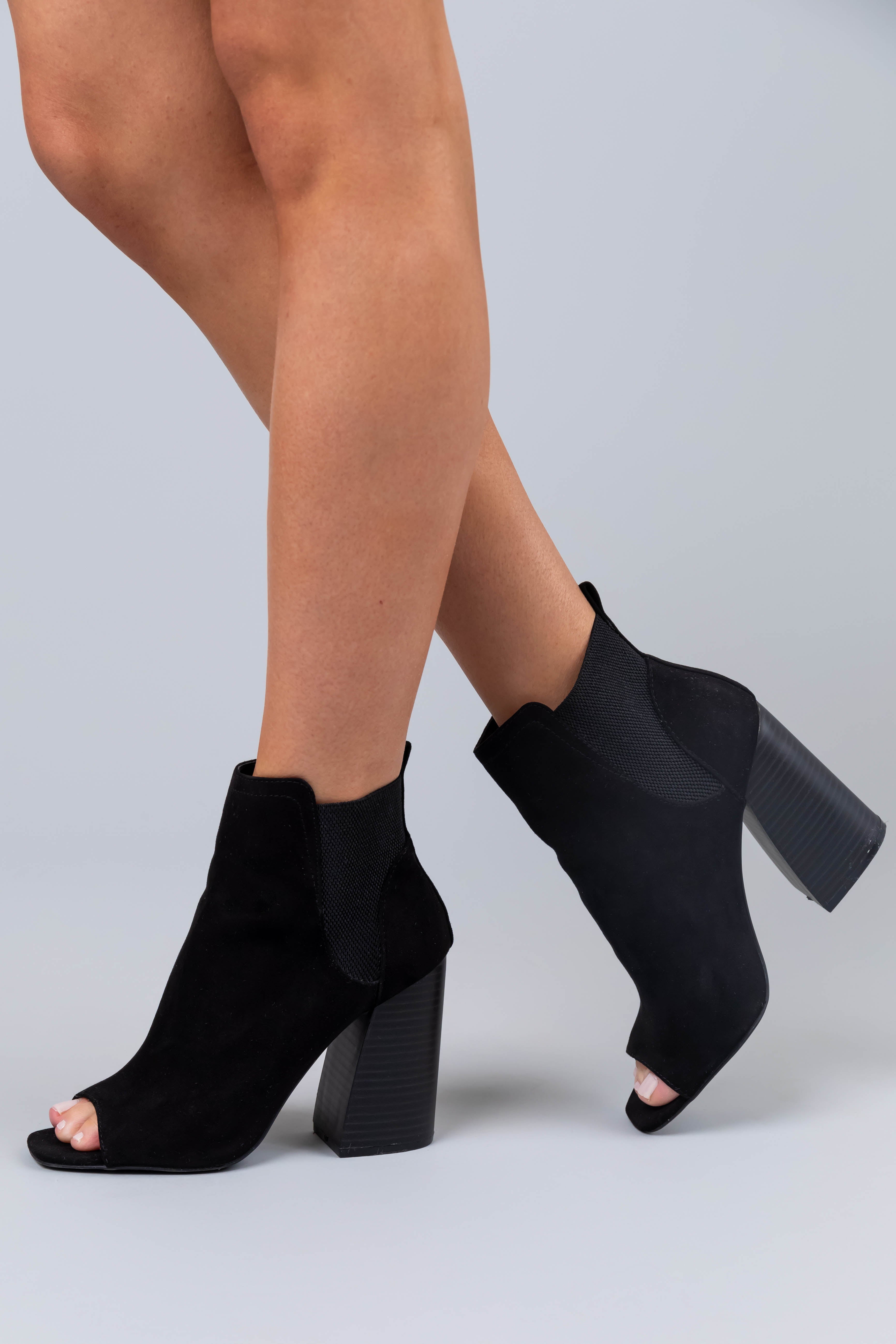 Black Suede Peep Toe Chunky Heel Booties Lime Lush Boutique