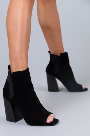 Black Suede Peep Toe Chunky Heel Booties