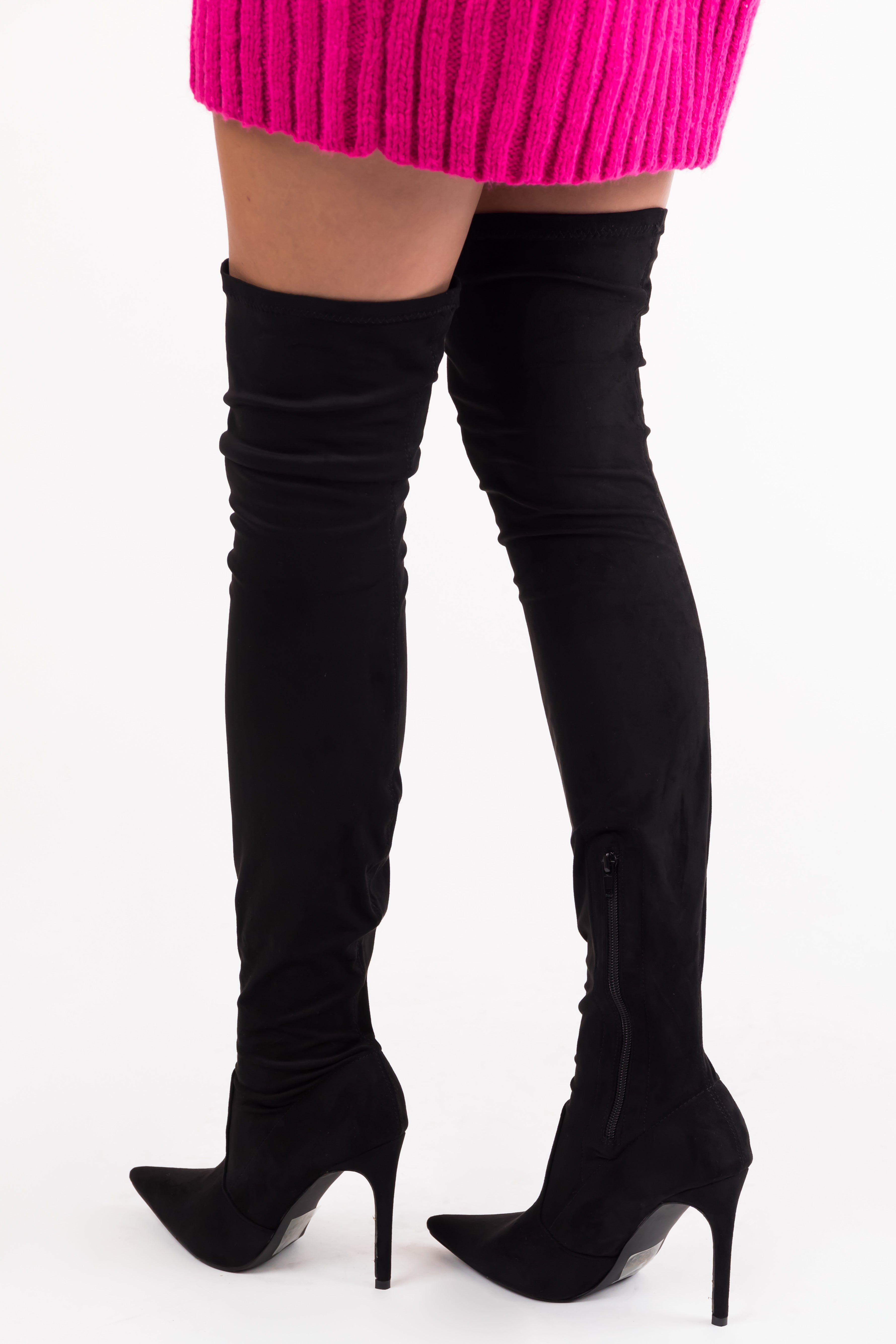 Black suede thigh high heel boots hotsell