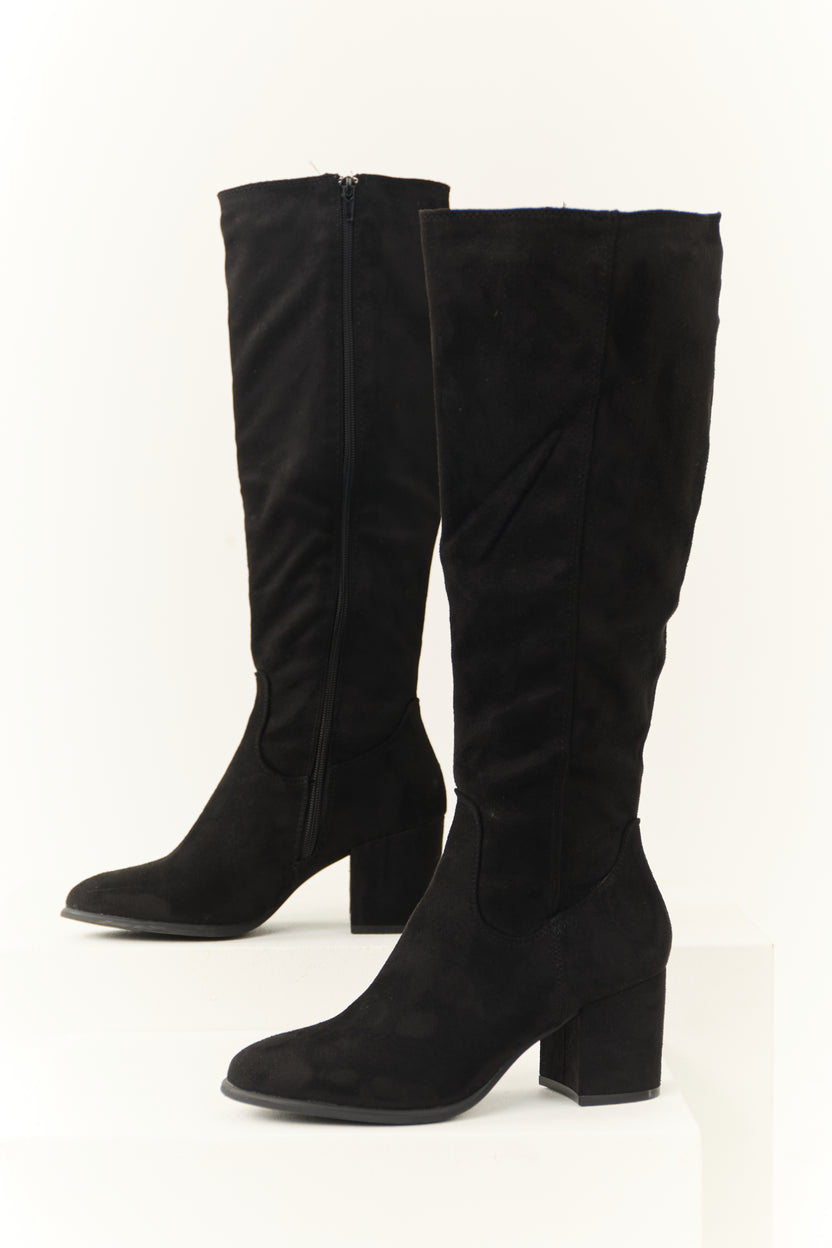 Black Tall Knee High Square Heel Boots