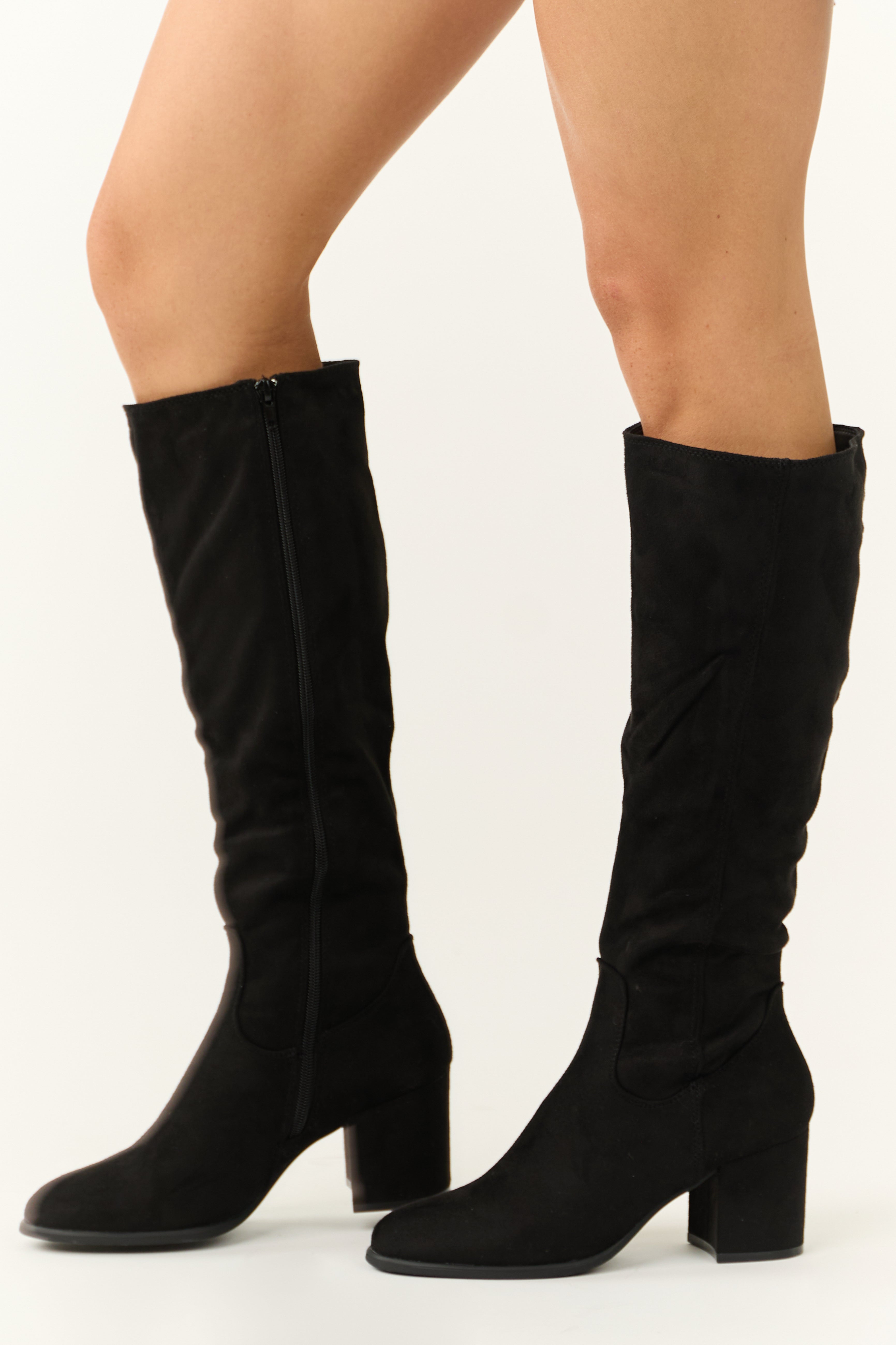 Black Tall Knee High Square Heel Boots