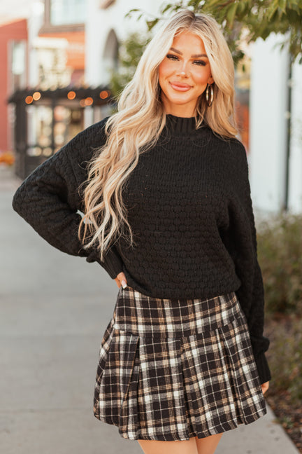 Black Textured Knit High Neck Sweater