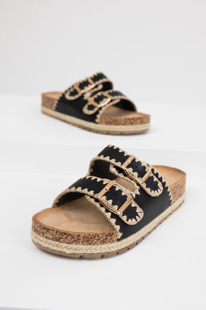 Black Thread Trim Buckle Cork Slide Sandals