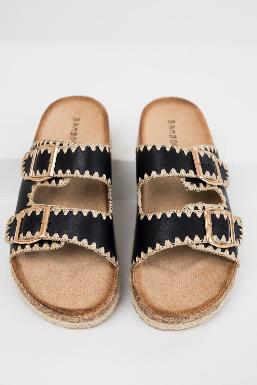 Black Thread Trim Buckle Cork Slide Sandals