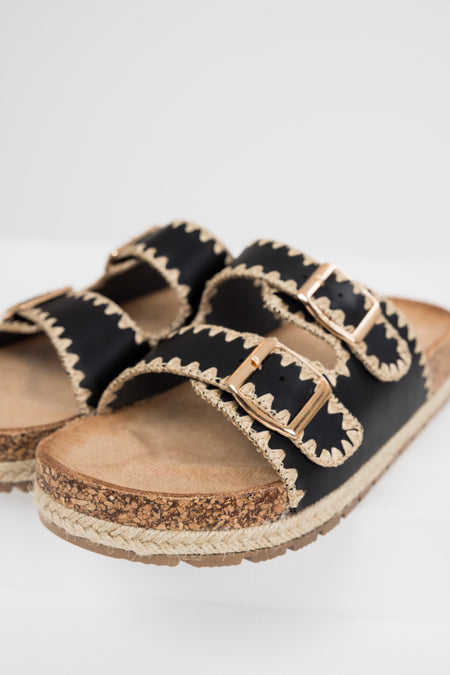 Black Thread Trim Buckle Cork Slide Sandals