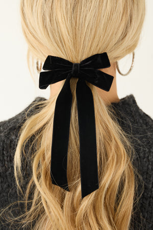 Black Velvet Long Ribbon Bow Hair Clip