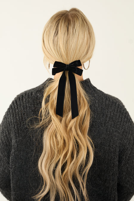 Black Velvet Long Ribbon Bow Hair Clip