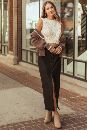 Black Washed Denim Front Slit Frayed Maxi Skirt